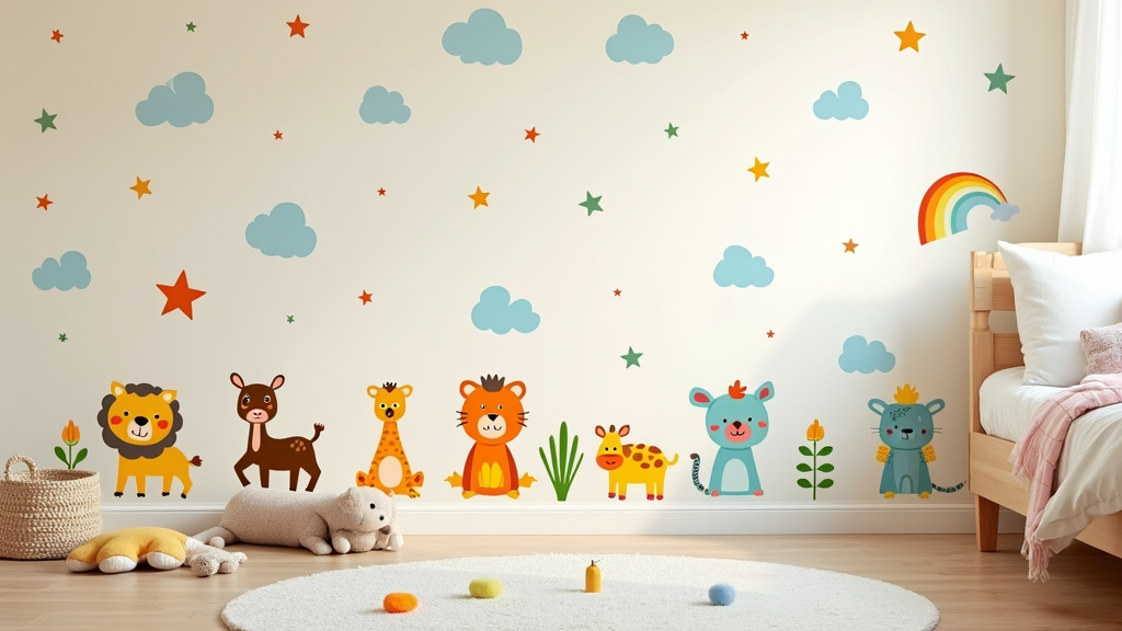 Colorful children's bedroom with playful wall decals of animals, stars, and clouds on a light wall, surrounded by a cozy bed and soft toys.